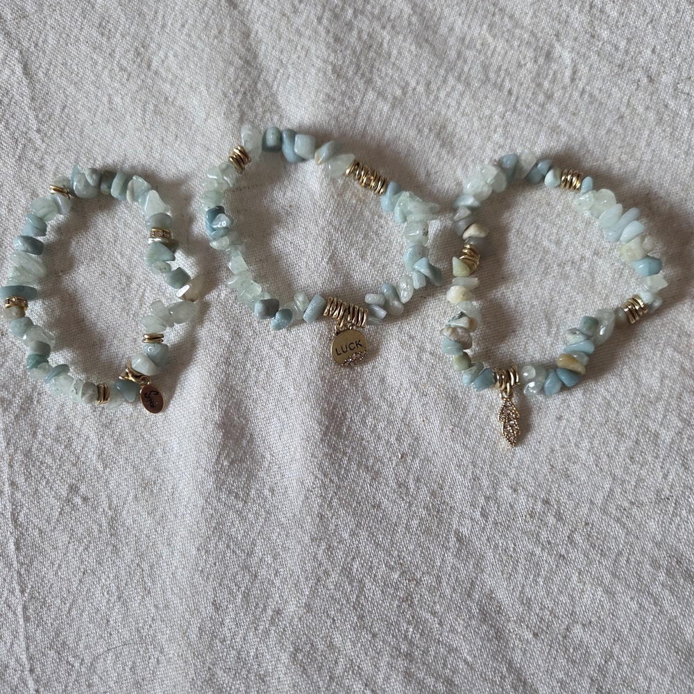 Amazonite Natural Stone Stretch Bracelet Set – Boho Mint Green‎ Stack (3)